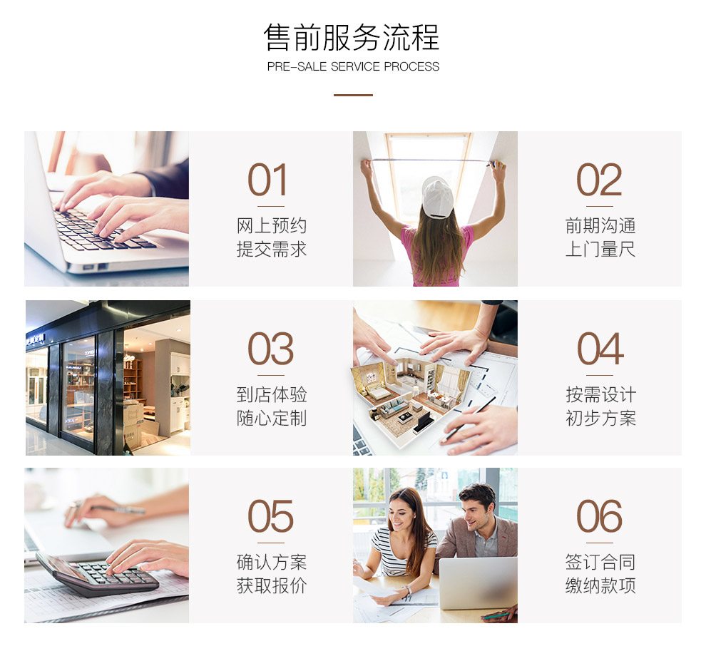 提供网上预约、提交需求、前期沟通、上门量尺、到店体验、随心定制、按需设计、初步方案、确认方案、获取报价、签订合同、缴纳款项。